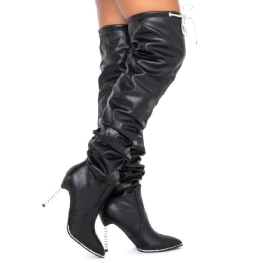 Azalea Wang Black Leather Tall Slouchy Over The Knee High Stiletto Boots